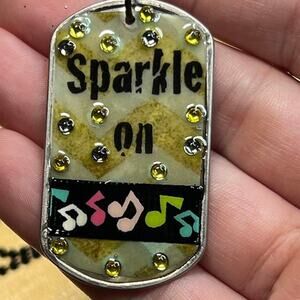 Dog tag resin necklace "Sparkle On" music note rhinestone